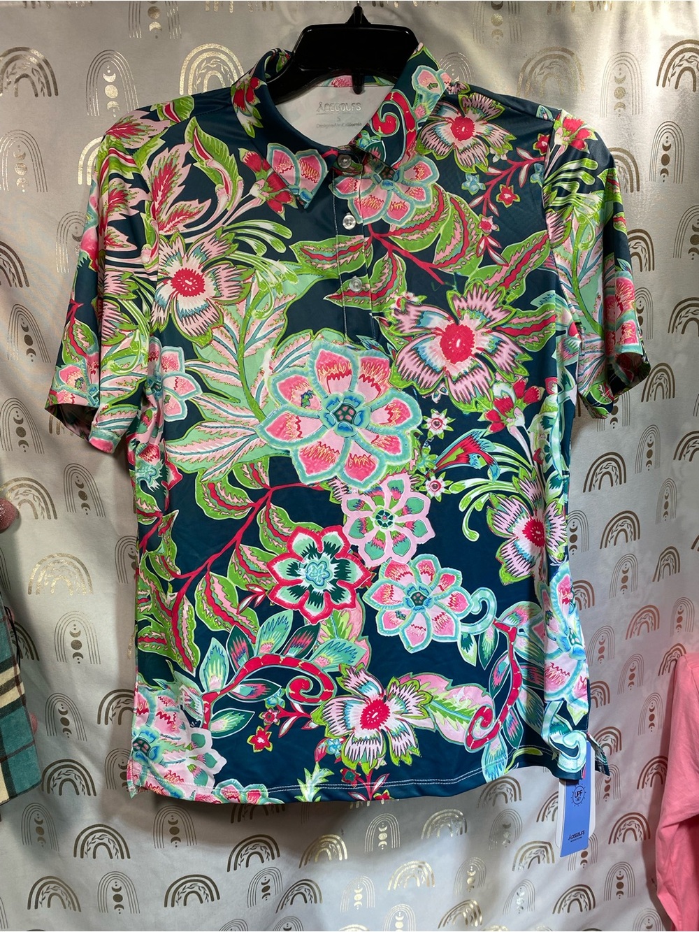 Women's Floral Short-Sleeve Polo Top - Navy with Pink & Green